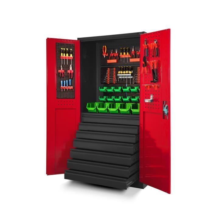Armoire à Outils TC007 Armoire d'atelier Métallique avec 7 Tiroirs Portes battantes Tôle d'acier 185 x 92 x 50 cm (Anthracite/Rouge)