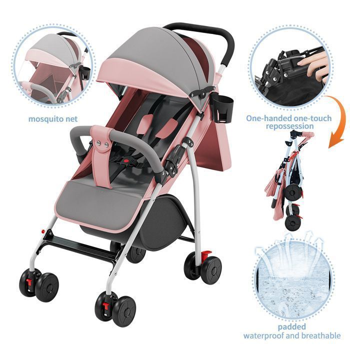 Cochecito XUANYU - Hasta 22 kg, reclinable, plegable con portavasos, protector de lluvia, cesta de compras XL - Rosa
