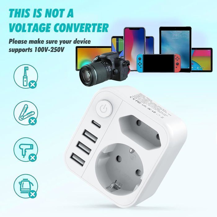 Adaptador de enchufe 6 en 1 de Francia a EE. UU./Canadá con 3 puertos USB-A y 1 puerto USB-C y 2 enchufes europeos, adaptador de enchufe de Francia a EE. UU.