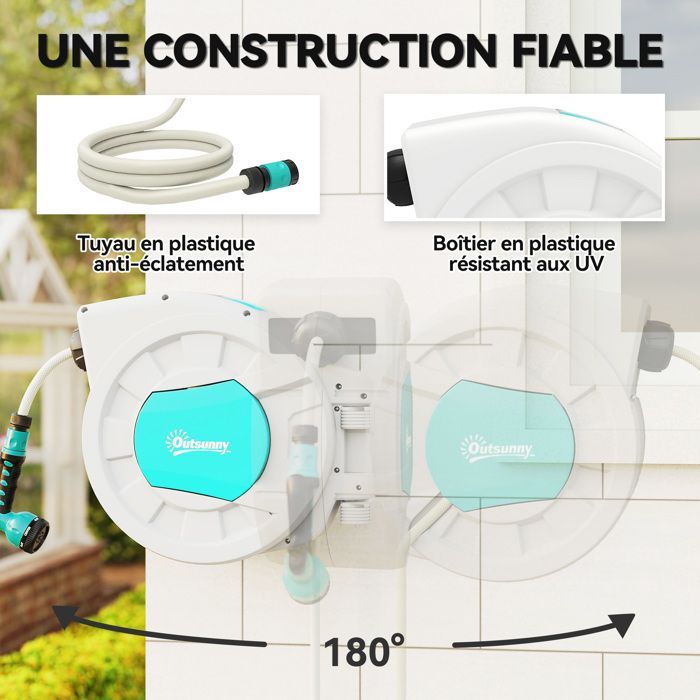 Outsunny Garden Hose Reel - 35+2 m - Wall Mount + Handle - 180° Swivel - 7 Spray Patterns - Light Grey
