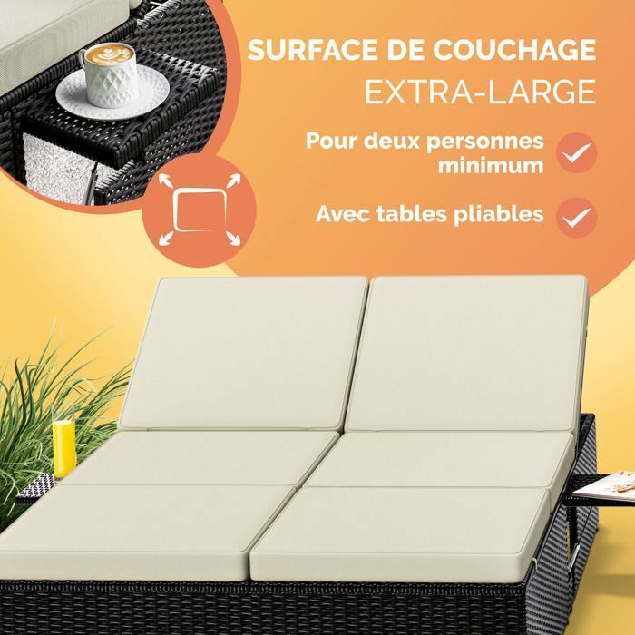 CASARIA Chaise longue double noir/crème extrémités réglables bain de soleil 2 personnes polyrotin chaise d’extérieur