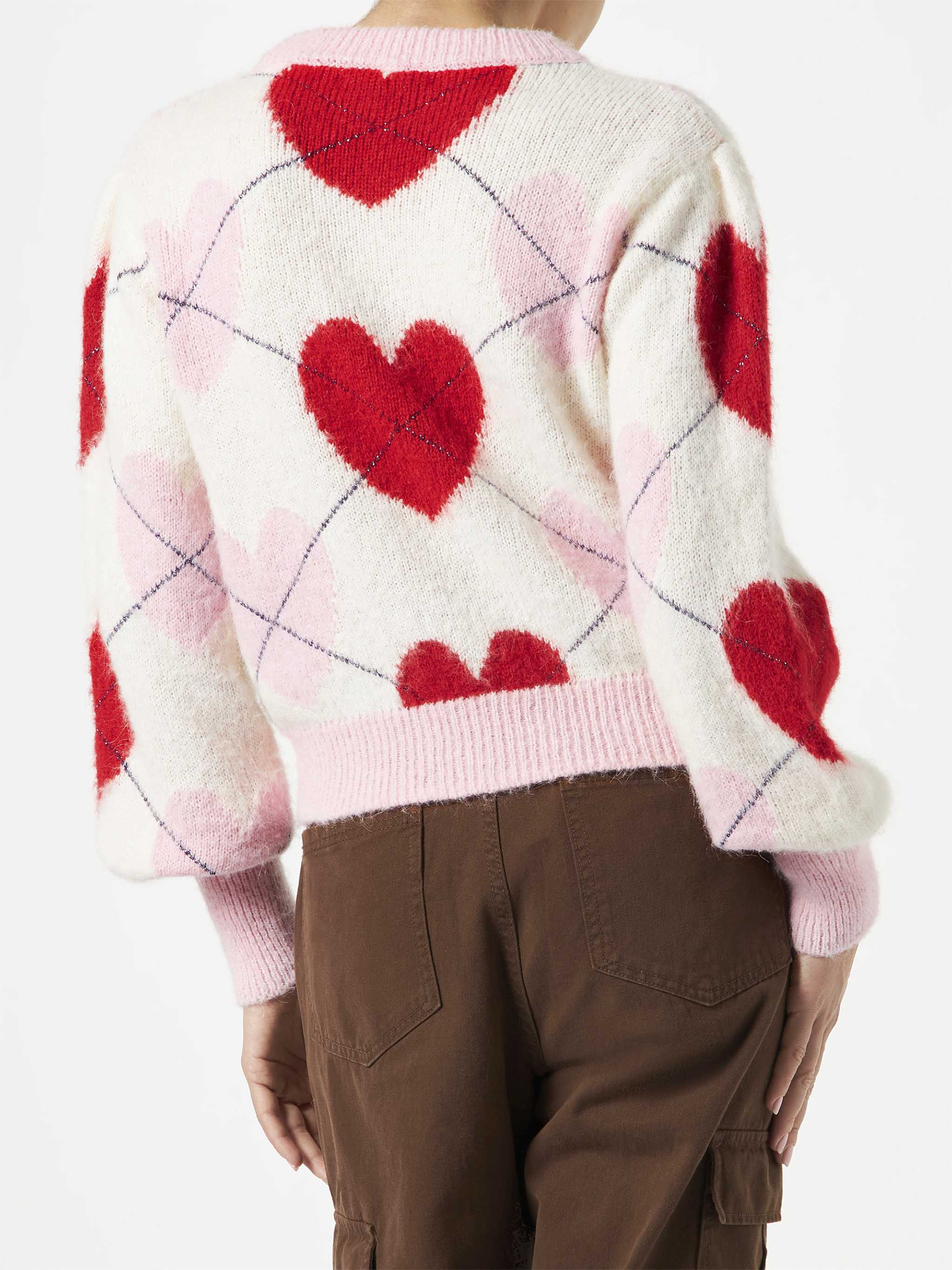 Maglione garzato da donna con jacquard argyle e cuori