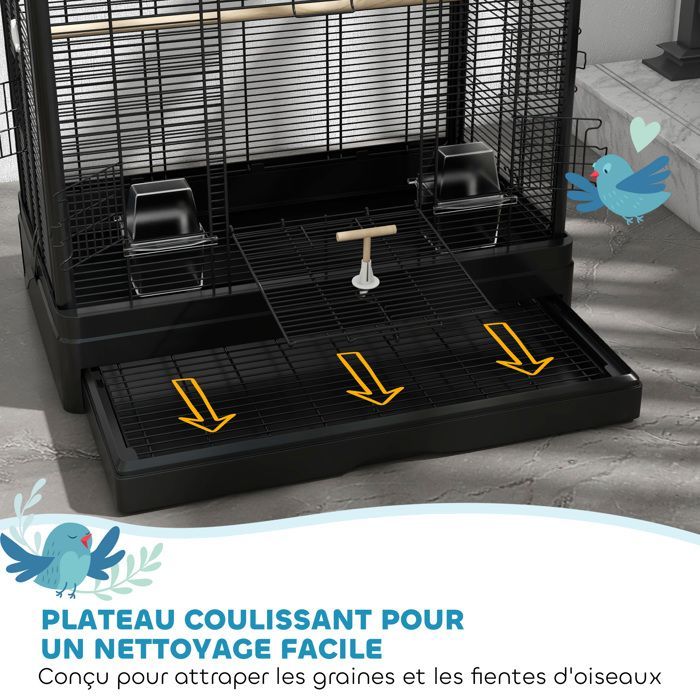 Cage à oiseaux volière avec portes perchoirs cage pour canaris perruches perroquets 61 x 36,5 x 98 cm noir