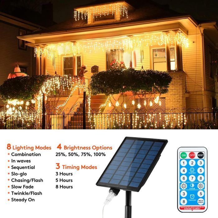 Luci natalizie solari da esterno a tenda, 10 m, 300 LED, con telecomando, 8 modalità, impermeabili, luce bianca calda.