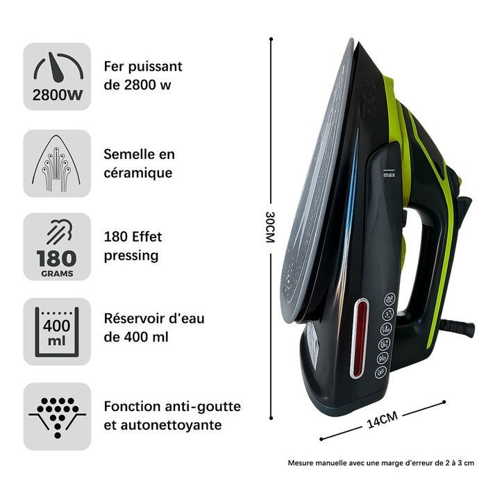 Plancha de vapor - Depósito de agua de 400 ml - Plancha de vapor de 2800 W - Vapor con sistema de limpieza antical - Vapor continuo de 30 g/min