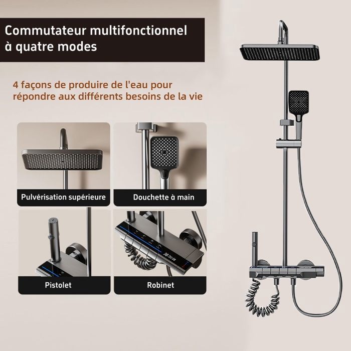 Colonna doccia termostatica per bagno, soffione a 4 getti, soffione a pioggia regolabile in altezza, display a LED.