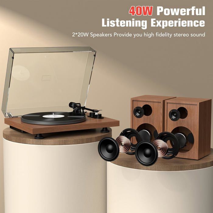 HiFi-Bluetooth-Plattenspieler, 40-Watt-Regallautsprecher, Aluminium-Plattenteller, 2 Geschwindigkeiten, AT-3600L-Vorverstärker, Braun