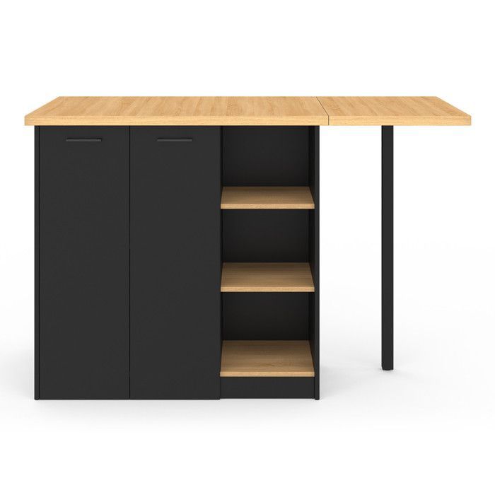 Isla central IDMARKET CESAR de 140 cm para 5 personas, madera negra con encimera efecto haya.