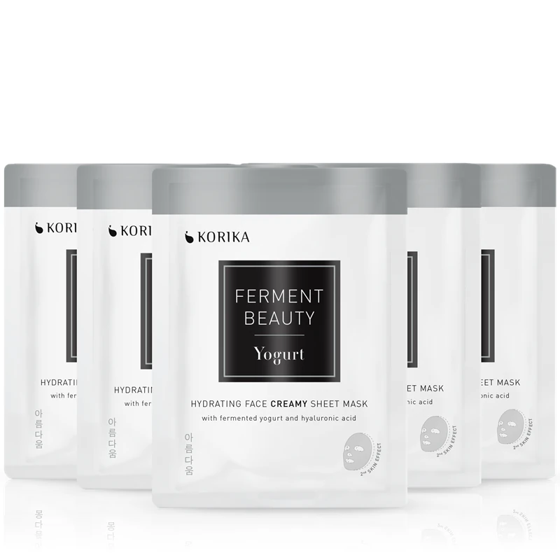 Conjunto de 5 máscaras faciais hidratantes KORIKA FermentBeauty com iogurte fermentado e ácido hialurônico com desconto.