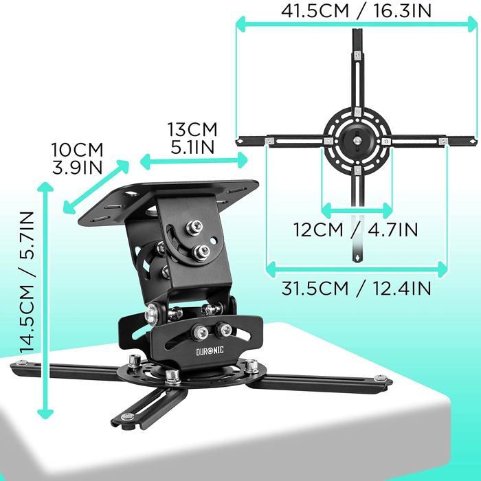 Suporte de teto para projetor Duronic PB03XB, rotação de 360°, inclinação de 30°, giro de 20°, carga máxima de 13,6 kg, ideal para