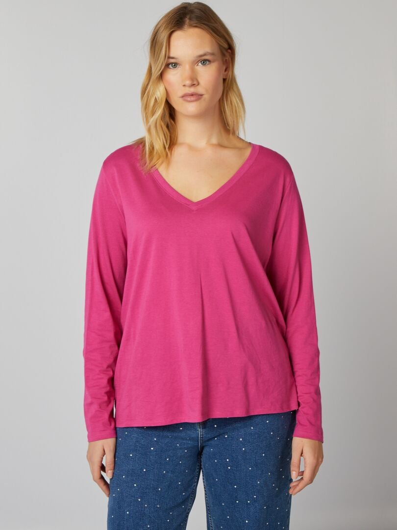 Camiseta básica de manga comprida com decote em V - rosa escuro