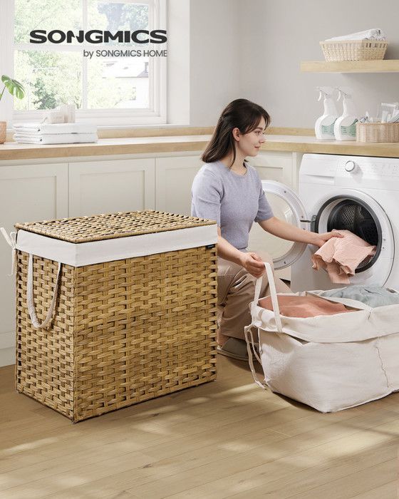 Cesta de almacenamiento, cesto de ropa sucia de 160 L con tapa, plegable, bolsas de tela y asas extraíbles, color madera.