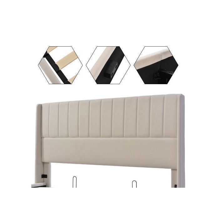 Letto contenitore 180x200 cm, letto idraulico imbottito con rete a doghe, letto matrimoniale in lino beige