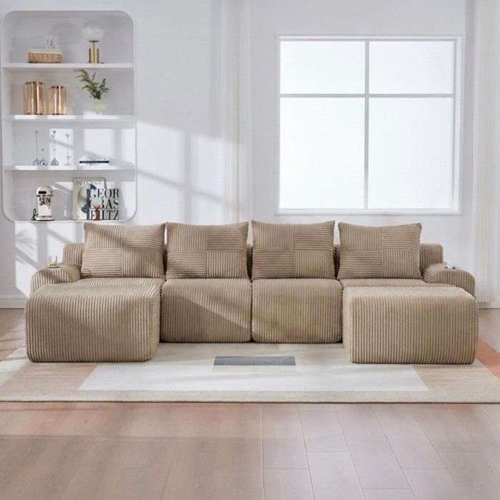 Canapé modulable - LANGTU - 4 places velours côtelé Kaki - 333x174x80 cm - Porte-gobelet & pochette - 2 poufs
