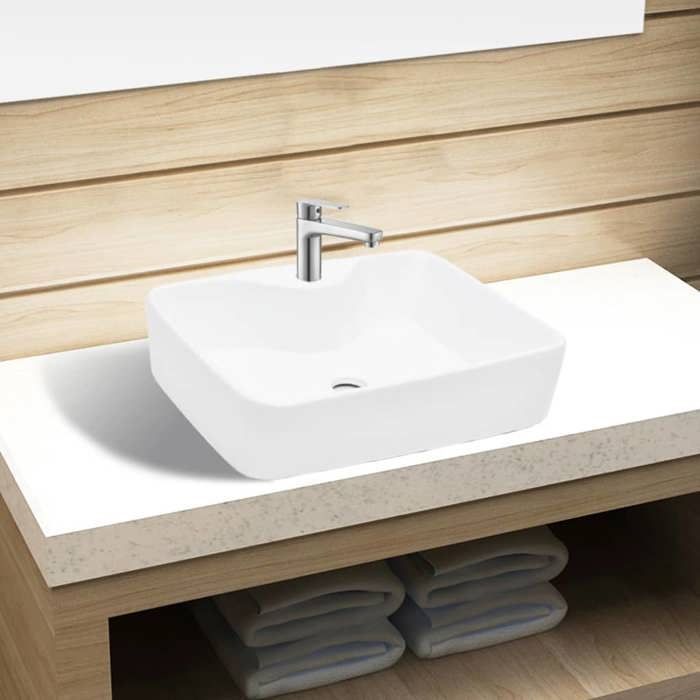 Lavabo cuadrado vidaXL con orificio para grifo, lavabo de baño de cerámica blanca 141936
