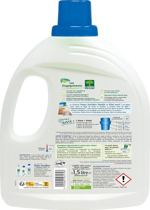 Lessive Liquide pour Peaux Sensibles Famille et Bébé Hypoallergénique Sans Allergènes,1,5L (Lot de 2)