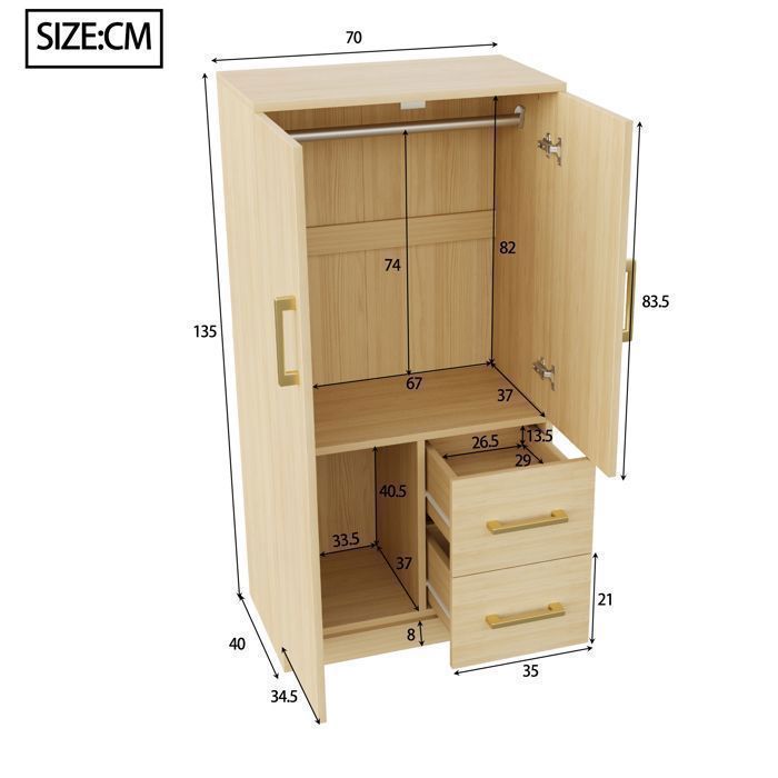 Kleiderschrank 70 x 40 x 135 cm, Doppeltür-Design mit Schubladen und Staufächern, Kleiderschrank für Einzelbett