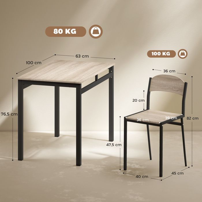 Ensemble table à manger et chaises - HOMCOM - métal - 100x63x76,5cm - Bois naturel
