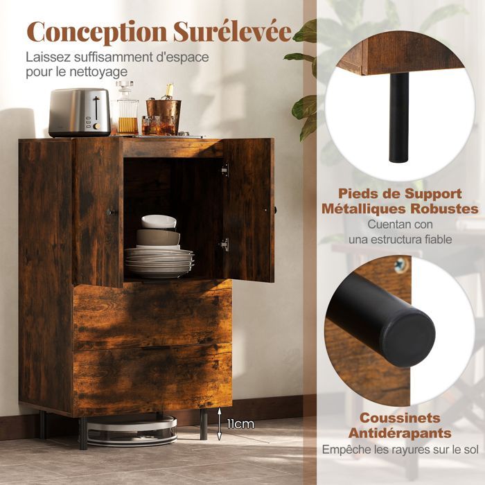 Armario de almacenamiento COSTWAY con cajones, 2 puertas, patas de metal, mueble pequeño para dormitorio, sala de estar, cocina, marrón.
