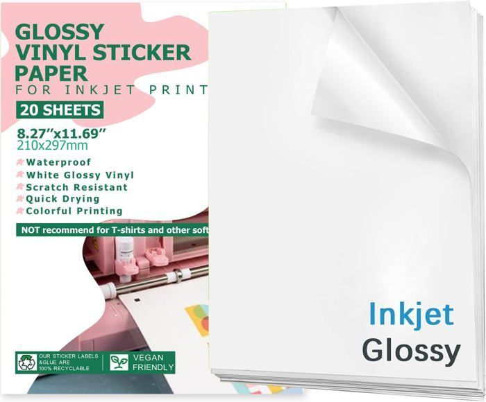 Pack of 20 sheets of printable vinyl self-adhesive paper for inkjet printers, glossy white, waterproof