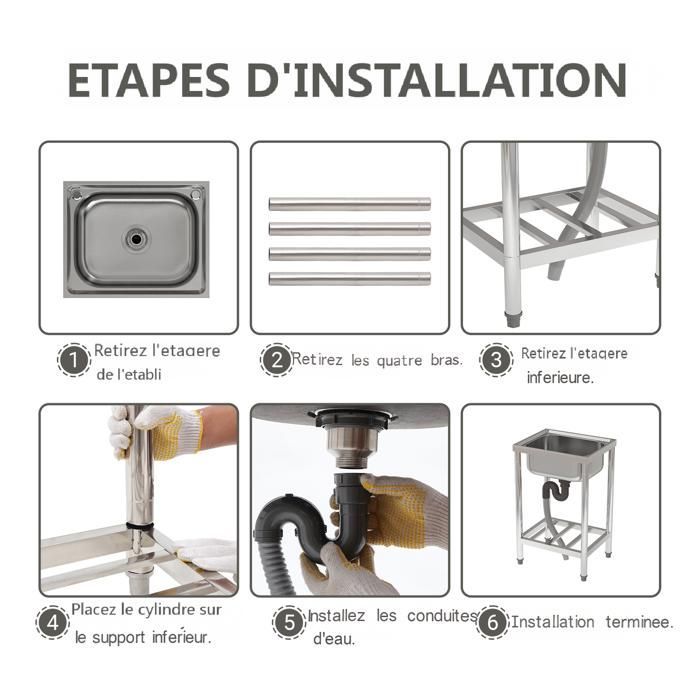 Lavello da cucina con rubinetto, acciaio inox, argento, 50 x 40 x 80 cm, 1 vasca, lavello da cucina multifunzionale, facile da pulire, con bacinella per le mani