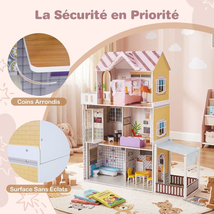 Casa de muñecas de madera COSTWAY - 16 accesorios con 3 pisos para niñas y niños de 3 años en adelante. 102 x 34 x 120,5 cm (largo x ancho x alto).
