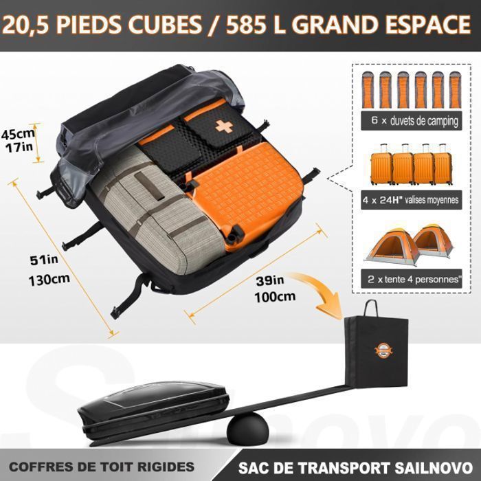 Bolsa de techo para coche Sailnovo - 585L - Cofre de techo plegable - Tejido Oxford impermeable - Compatible con o sin barras de techo