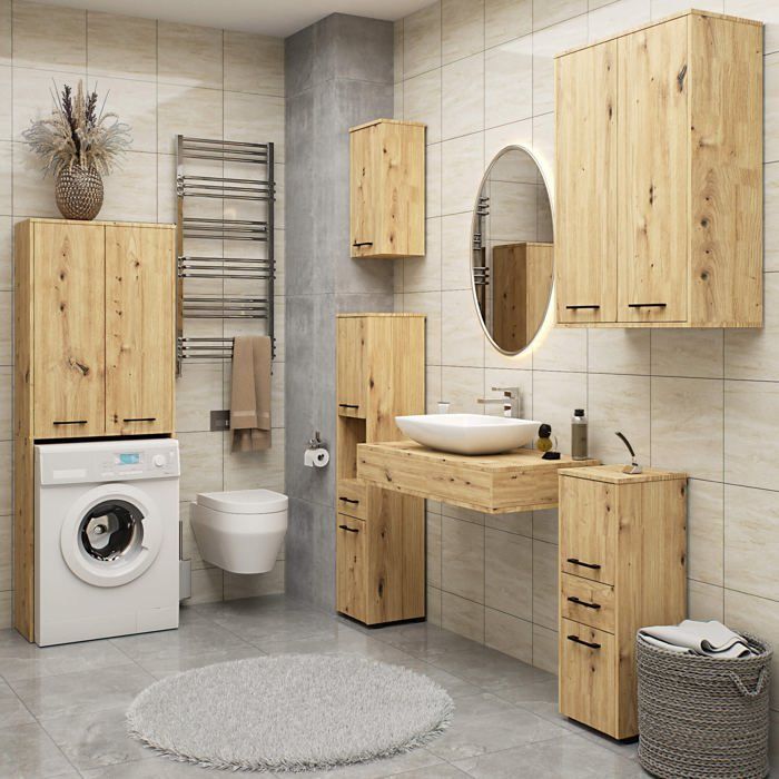 Colonne salle de bains AKORD FIN Chêne Artisan 30 cm 2 portes façade Chêne Artisan 5 étagères 30x30x140 cm