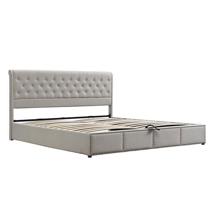Lit coffre Lit rembourré avec levier hydraulique rangement Lit adulte 140x200 cm  Gris clair