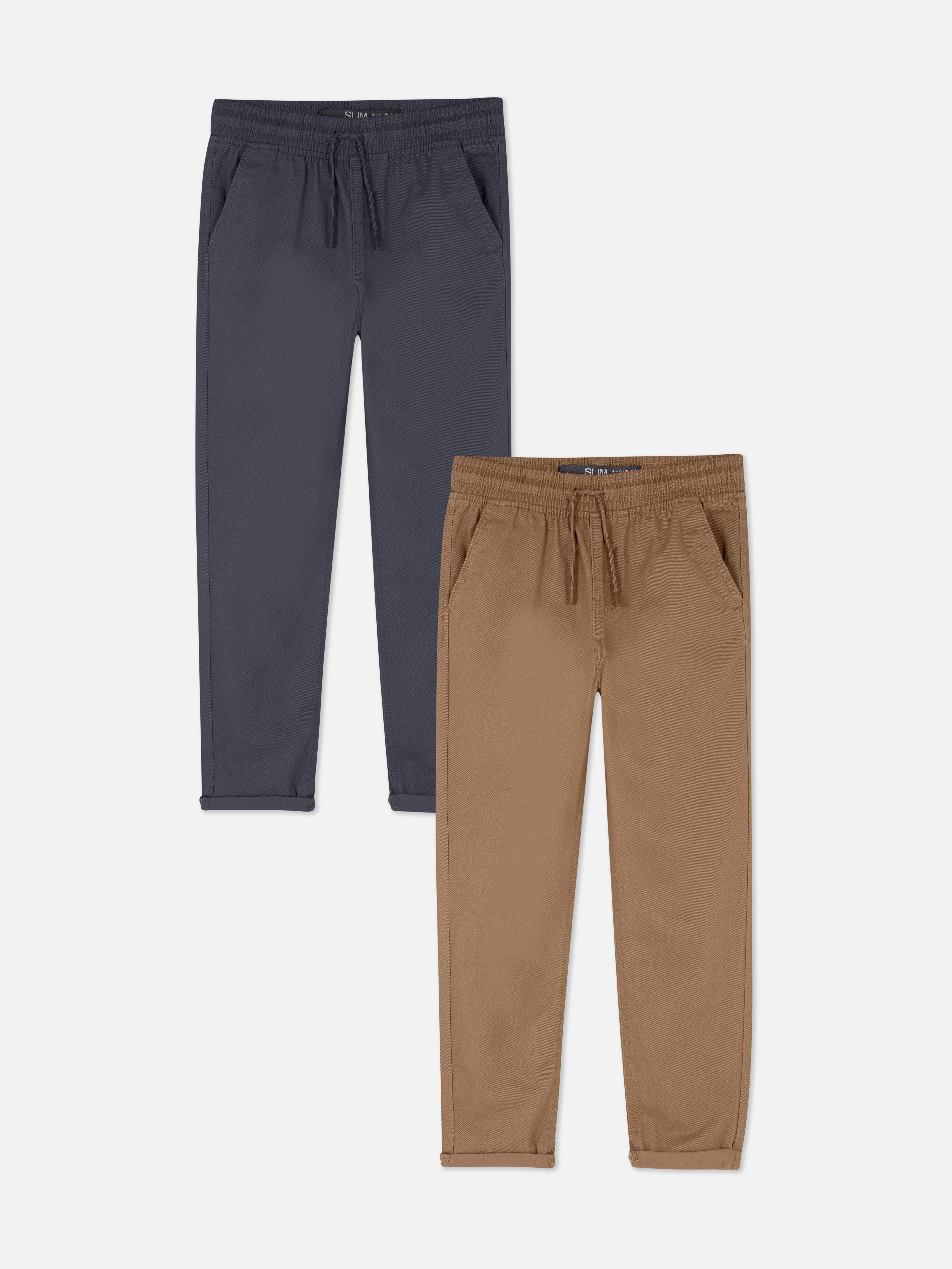 Broek van twill-katoen met trekkoord, set van 2 Broek met tailleband met trekkoord, zakken en opgerolde boorden