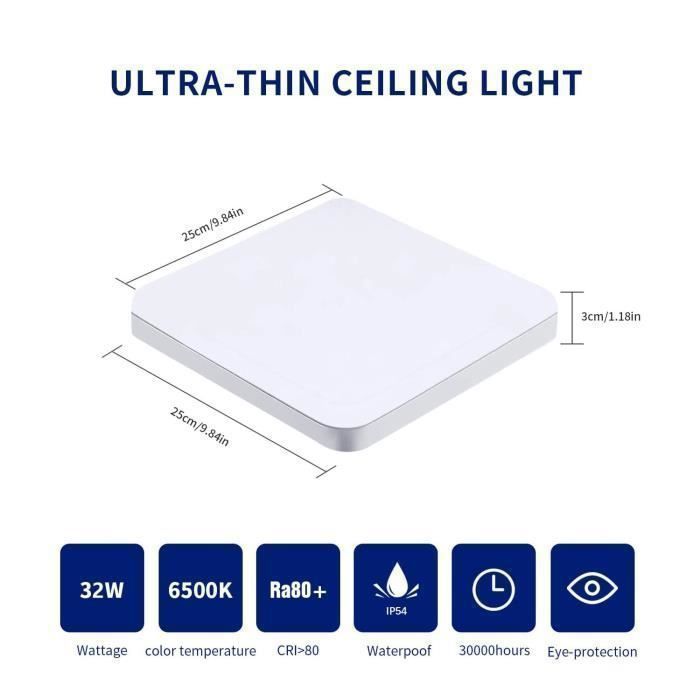 DORLINK Plafonnier LED Carré Moderne - 25cm Blanc - IP65 - 32W Lumière Froide 6500K Salle de Bain, Cuisine, Salon, Chambre