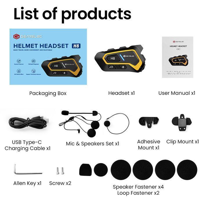 Kit de intercomunicación Bluetooth para casco de motocicleta GEARELEC con micrófono, alcance de 1500 m, para 6 motoristas, resistente al agua IPX67, respuesta automática, color rojo.