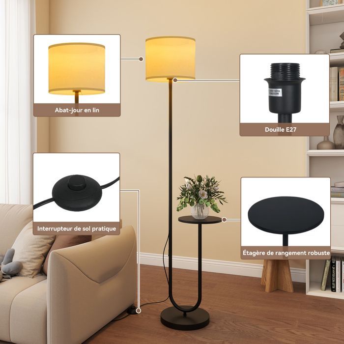 Lampadaire sur Pied Salon avec Ampoule - E27 - Abat-jour et Étagère - 165 cm Lampe sur Pied - Lampe Chambre - Noir