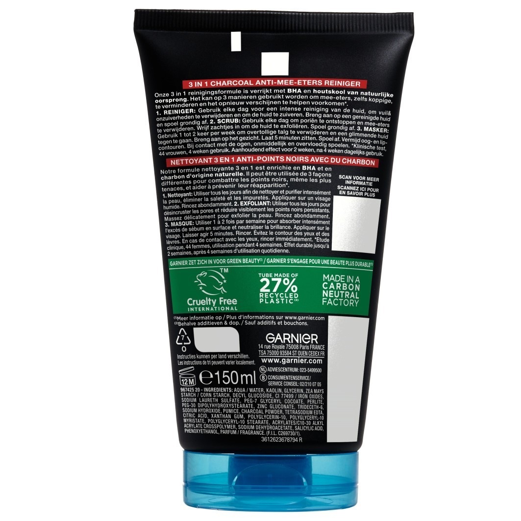 Garnier 3-u-1 piling za lice s aktivnim ugljem – za masnu kožu – 150 ml