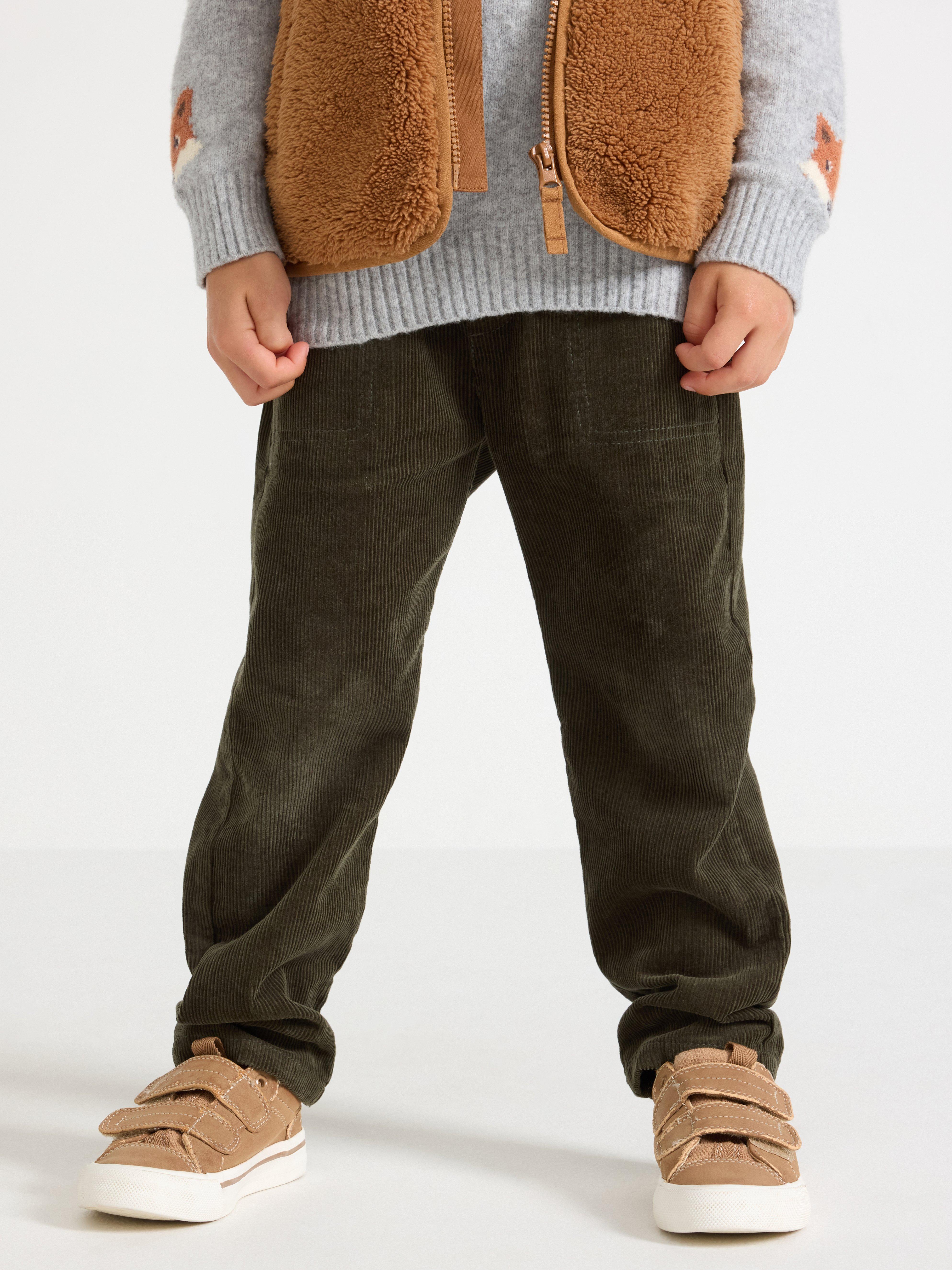 Pantaloni din catifea reiată verde kaki închis