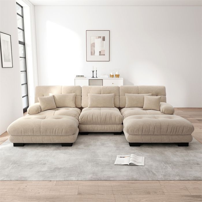 DRIPEX Canapé Cloud 4/5 places en forme de U pour salon,Canapé d'angle en chenille avec ottoman,313×145×81cm,Marron