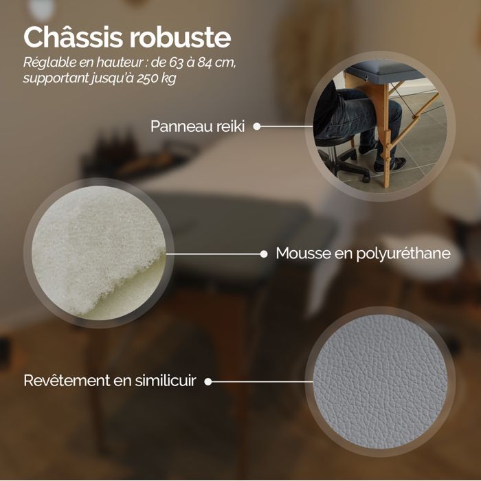 Folding 3-section wooden massage table with Reiki panel + Accessories and carrying case - Grey - Vivezen