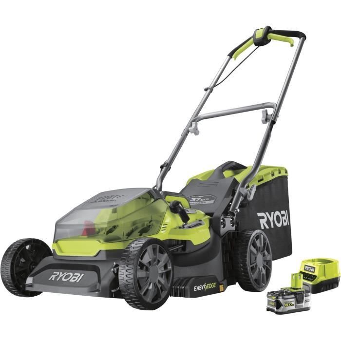 RYOBI - Cortacésped de empuje ONE+ de 18 V - Sin escobillas - Diámetro de corte de 37 cm - Recogida y trituración + Batería de 5,0 Ah y cargador - RY18LMX37A-150