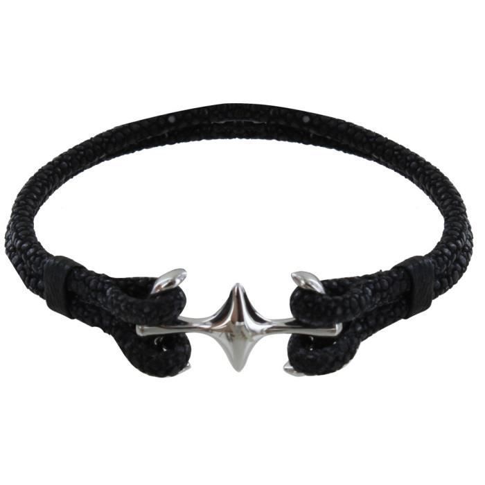 Les Poulettes Bijoux - Bracelet Mixte Rhodium Double Ancre et Galuchat - 18cm Classics - Noir