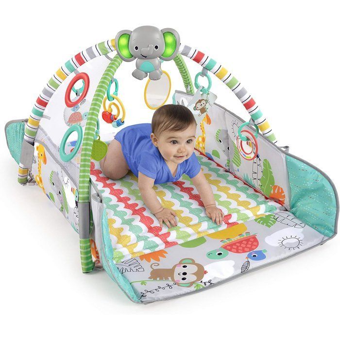BRIGHT STARTS Tapis d'éveil bébé,  parc à balles, Tropical, 5 modes de jeu - 40 balles - 7 jouets détachables, Cadeau bébé