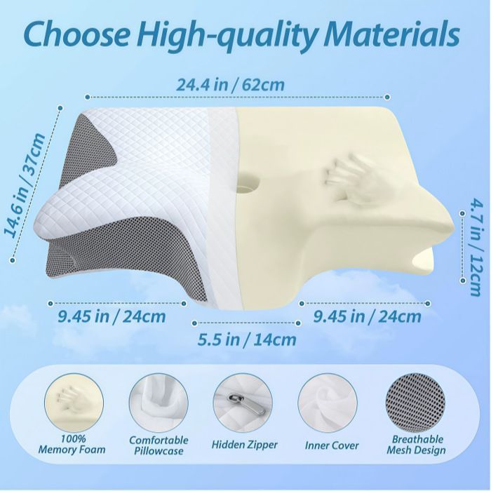 Almohada cervical 2 en 1 de espuma viscoelástica, de recuperación lenta, ergonómica, gris y blanca.