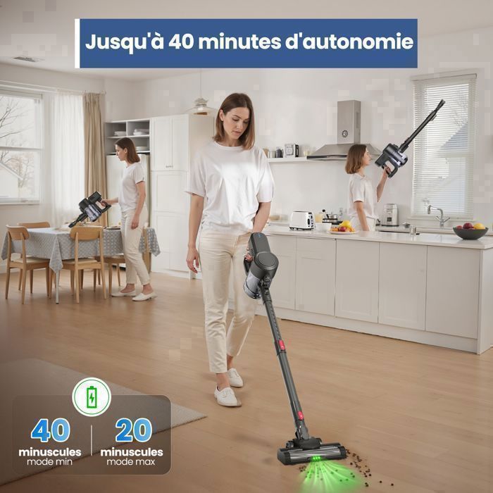 Aspirapolvere senza fili Lamzien V8 - 30000 PA/40 min - Filtrazione HEPA efficiente - Silenzioso - Leggero - Luce verde