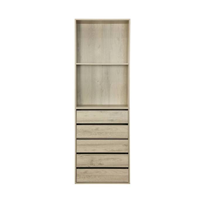 Roupeiro com 5 gavetas e 2 prateleiras. Acabamento natural. Painéis laminados.