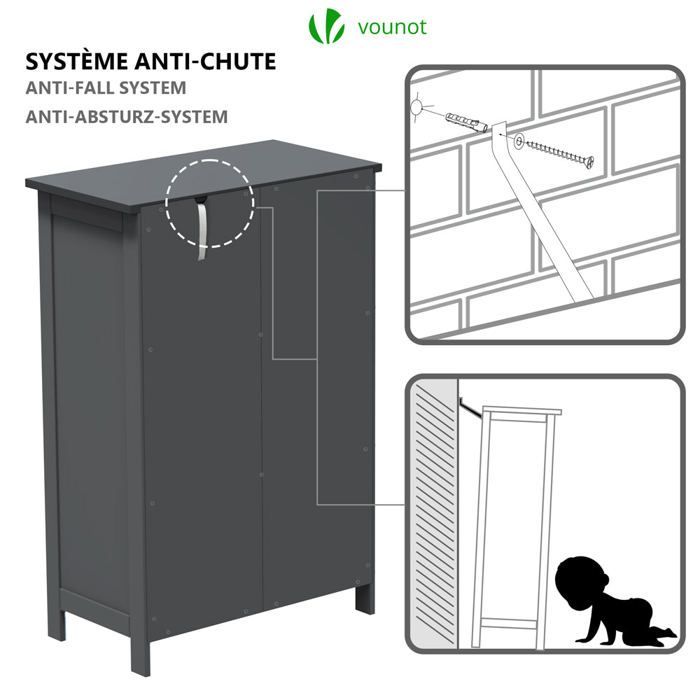 VOUNOT® Meuble bas de salle de bain 55x30x82cm - Armoire de rangement avec 4 tiroirs, 1 porte, 1 étagère réglable - Gris