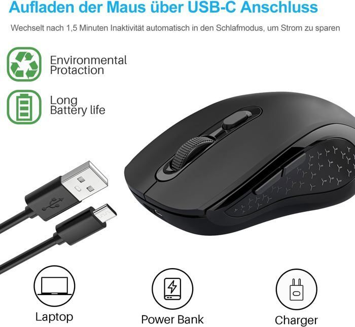 Computermuis - Energiezuinige lamp - Oplaadbaar - Bluetooth & USB - 6 knoppen - 800/1200/1600 DPI