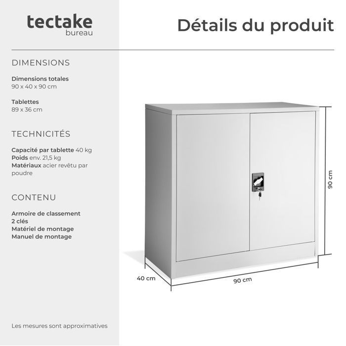 Office storage - TECTAKE - Metal filing cabinet with 2 adjustable shelves - 90 cm x 40 cm x 90 cm - Grey