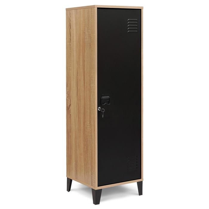 IDMARKET ESTER 1-door locker, black metal with wooden trim, industrial design