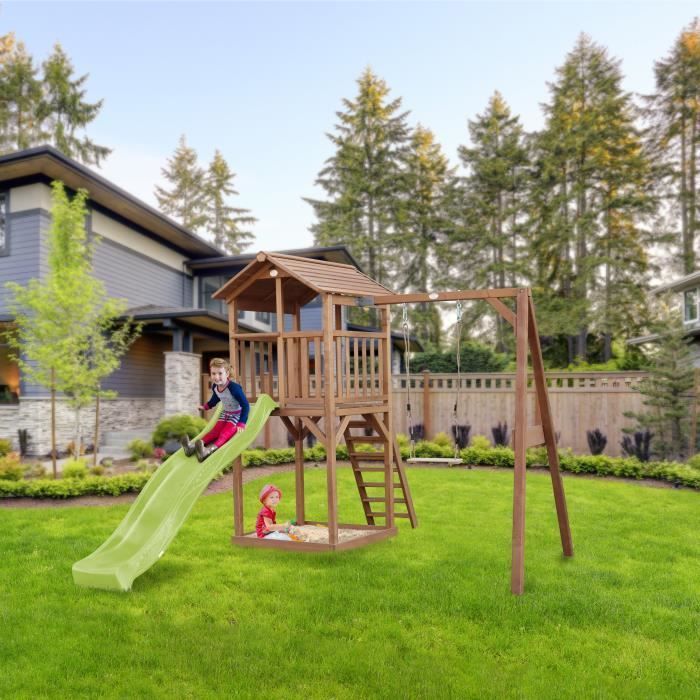 AXI Beach Tower Aire de Jeux avec Toboggan en vert clair, Balançoire & Bac à Sable | Grande Maison enfant extérieur en marron