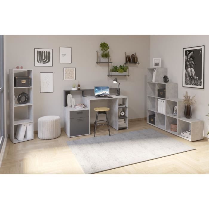 BOLTON desk with riser and storage - Concrete grey/anthracite melamine - W138.5 x H91.6 x D53.5 cm