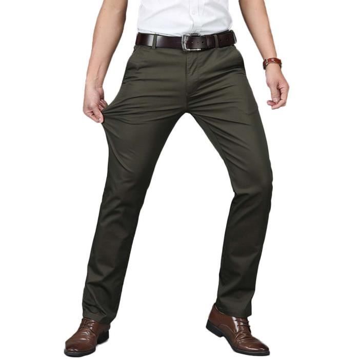 Men's Straight Leg Chino Trousers, Wrinkle-Free, Elegant Business Trousers, No Ironing, Solid Color - Military Green